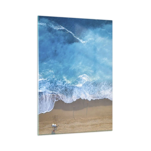 Cuadro sobre vidrio - Impresiones sobre Vidrio - Vista aérea de la playa y olas rompiendo. - 50x70cm - El poder del azul - Decoración de pared moderna para salón y dormitorio ARTTOR