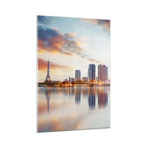 Cuadro sobre vidrio - Impresiones sobre Vidrio - Panorama de París con la Torre Eiffel y edificios modernos al atardecer - 50x70cm - La calma monumental de París - Decoración de pared moderna para salón y dormitorio ARTTOR