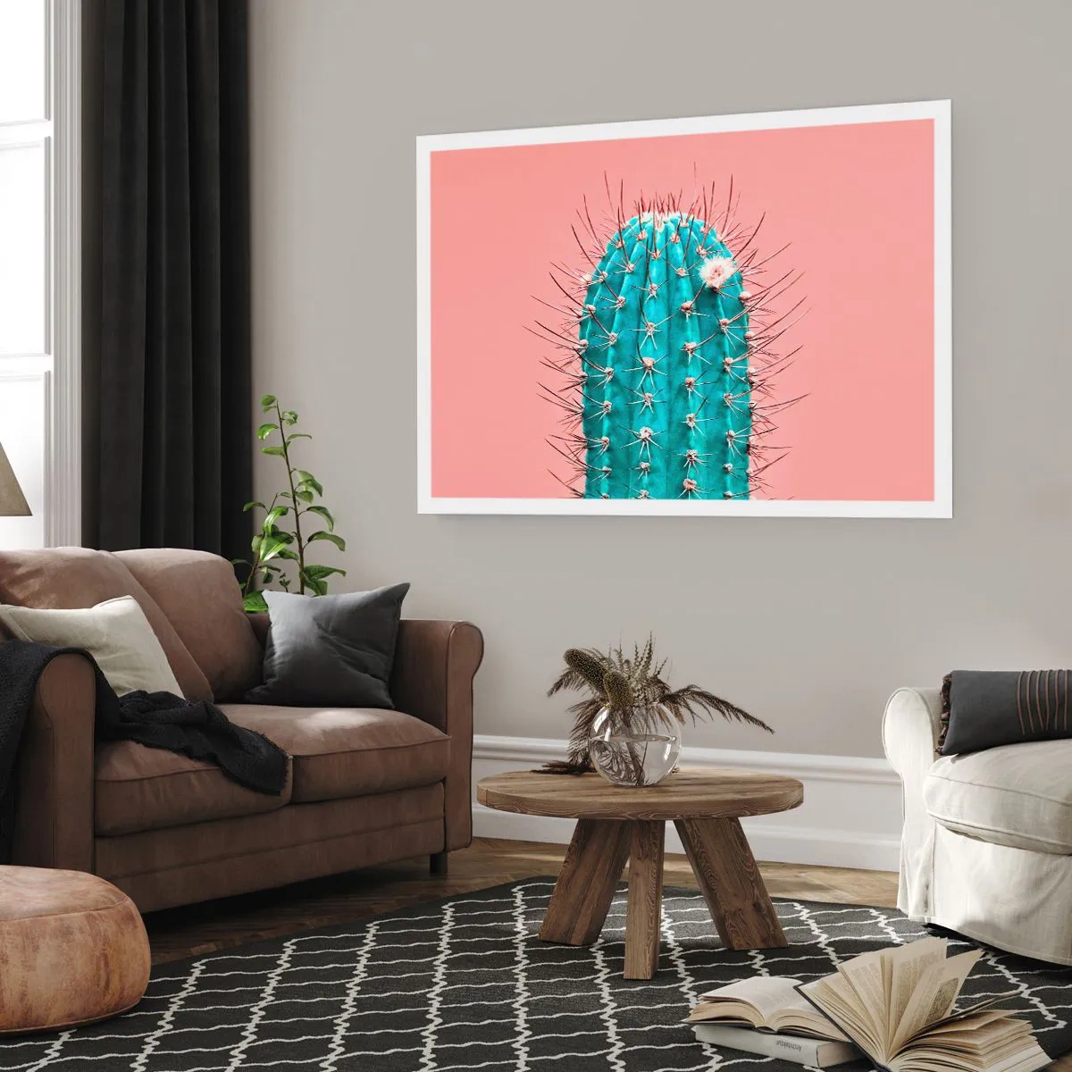 Póster - Una versión artística de un cactus sobre un fondo rosa. - 100x70cm - Se mira, pero no se toca - Decoración de pared moderna para salón y dormitorio ARTTOR