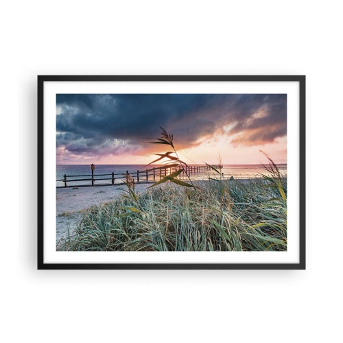Póster en marco negro - Playa al atardecer con hierbas en primer plano - 70x50cm - Bailando con el viento - Decoración de pared moderna para salón y dormitorio ARTTOR