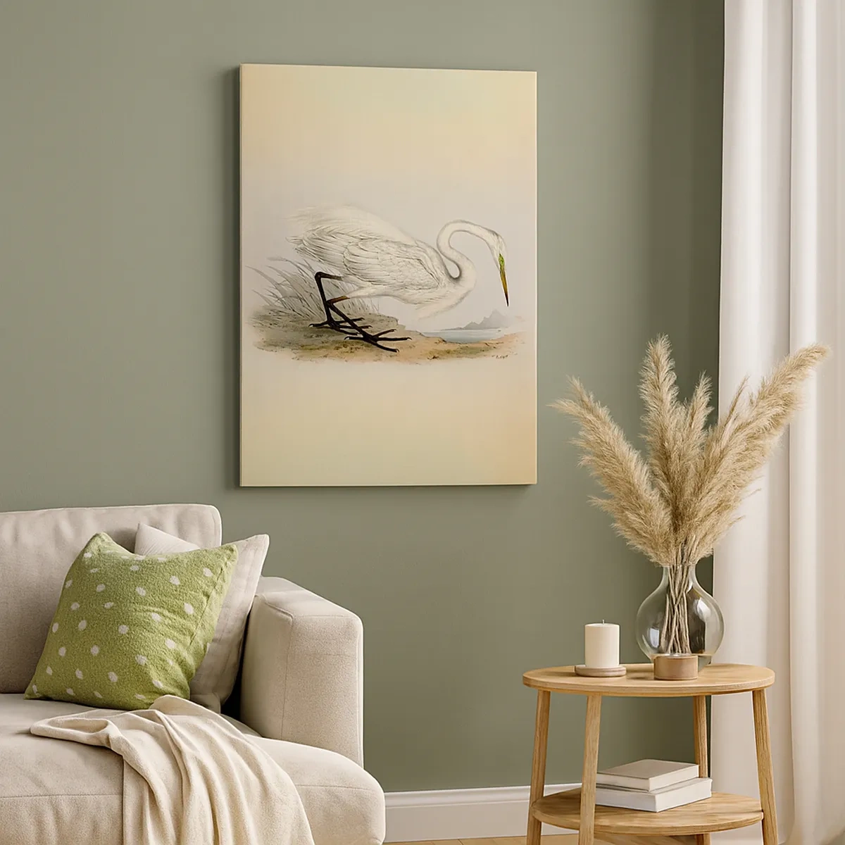 Cuadro sobre lienzo - Impresión de Imagen - Dibujo de una garza blanca sobre un fondo de paisaje natural. - 50x70cm - Dama de los juncos - Decoración de pared moderna para salón y dormitorio ARTTOR