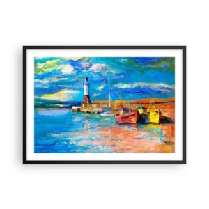 Póster en marco negro - Puerto pesquero con barcos y un faro en colores vivos - 70x50cm - Tarde en la bahía del arco iris - Decoración de pared moderna para salón y dormitorio ARTTOR