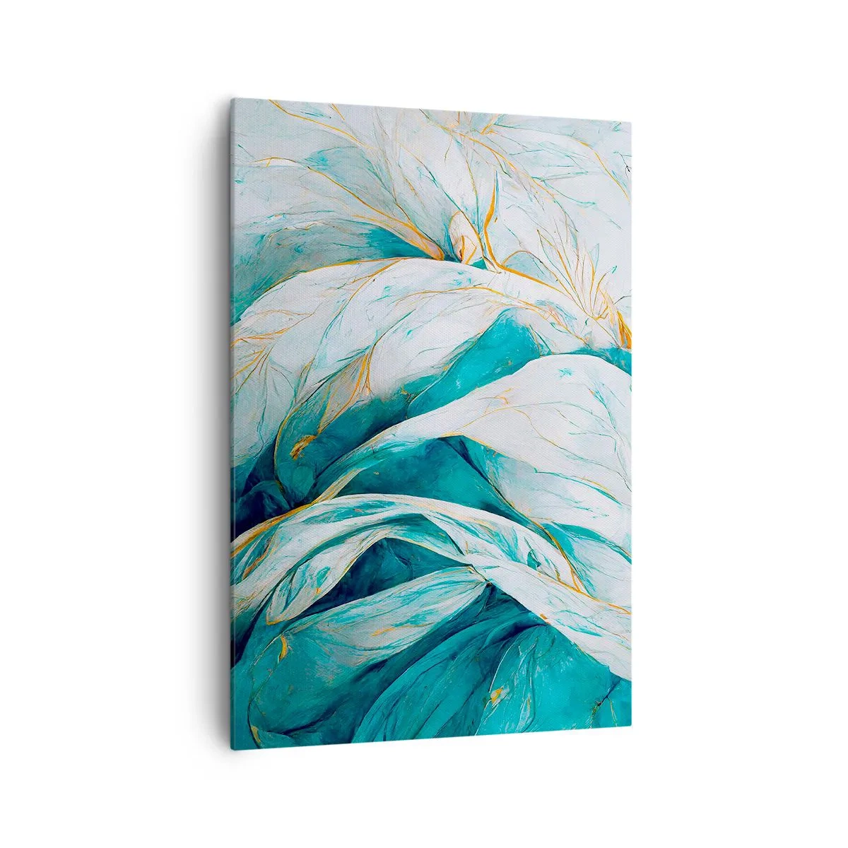 Cuadro sobre lienzo - Impresión de Imagen - Hojas azules abstractas con detalles dorados - 70x100cm - Abstracción azul con motivos dorados - Decoración de pared moderna para salón y dormitorio ARTTOR