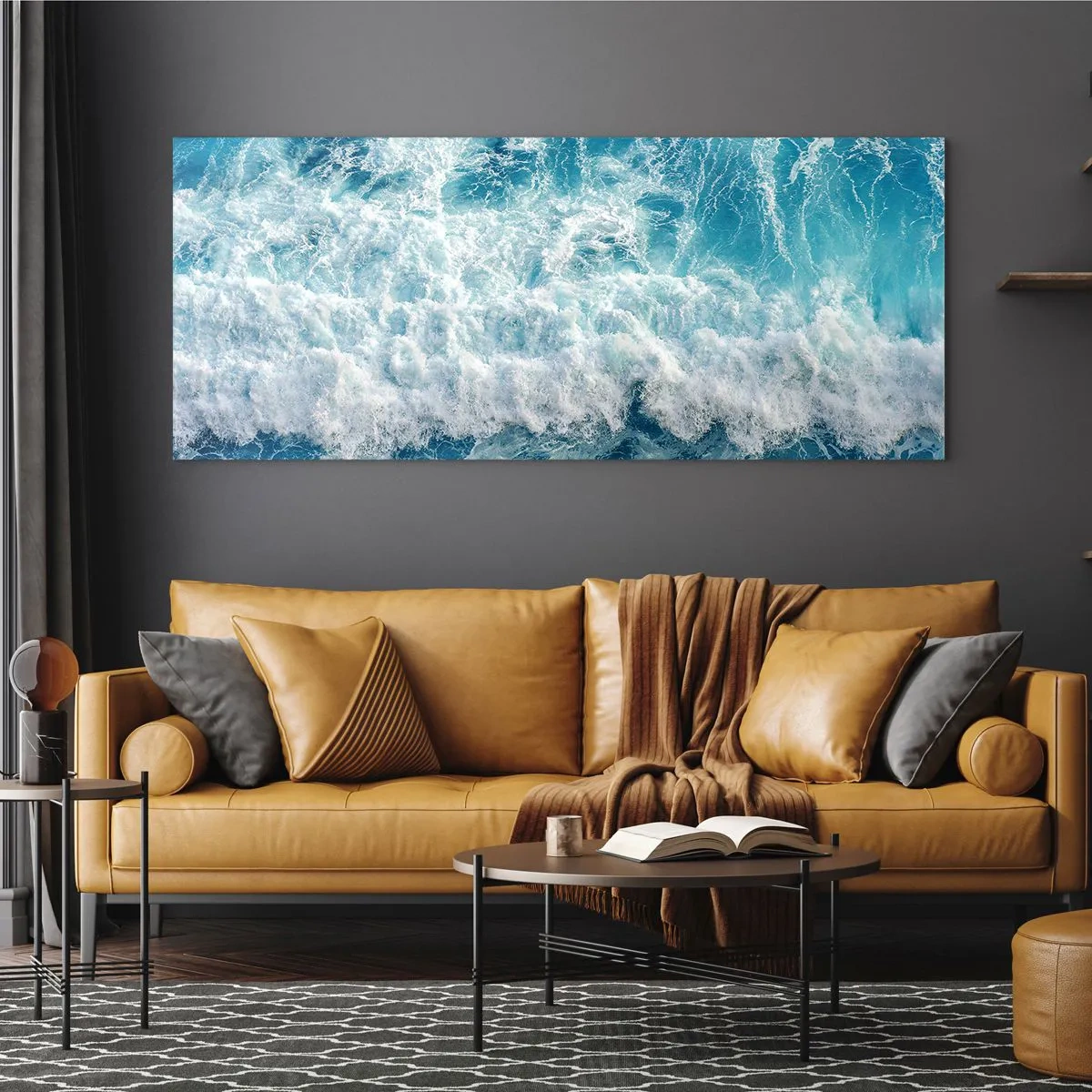 Cuadro sobre vidrio - Impresiones sobre Vidrio - Olas oceánicas dinámicas en tonos azules - 140x50cm - Alegre y con mucho brío - Decoración de pared moderna para salón y dormitorio ARTTOR