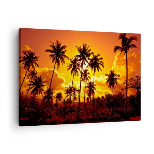 Cuadro sobre lienzo - Impresión de Imagen - Palmeras contra un cielo dorado durante una puesta de sol tropical - 70x50cm - Las montañas arden, los bosques arden - Decoración de pared moderna para salón y dormitorio ARTTOR