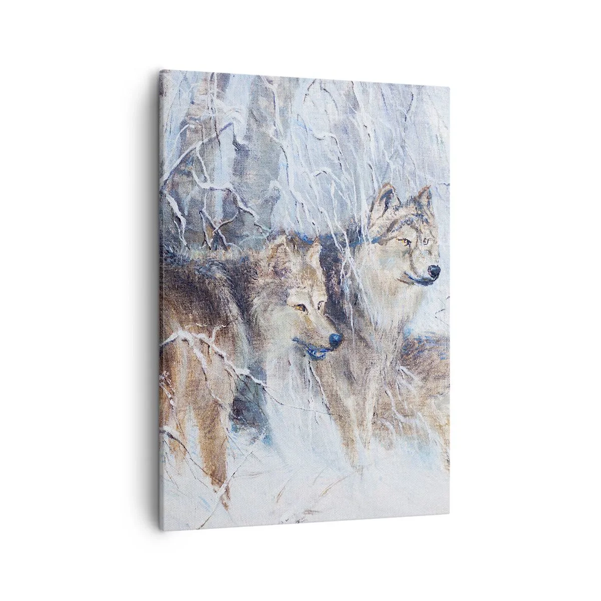 Cuadro sobre lienzo - Impresión de Imagen - Lobos en un bosque invernal con un fondo nevado - 50x70cm - ¡Cuidado! Aquí viene... - Decoración de pared moderna para salón y dormitorio ARTTOR