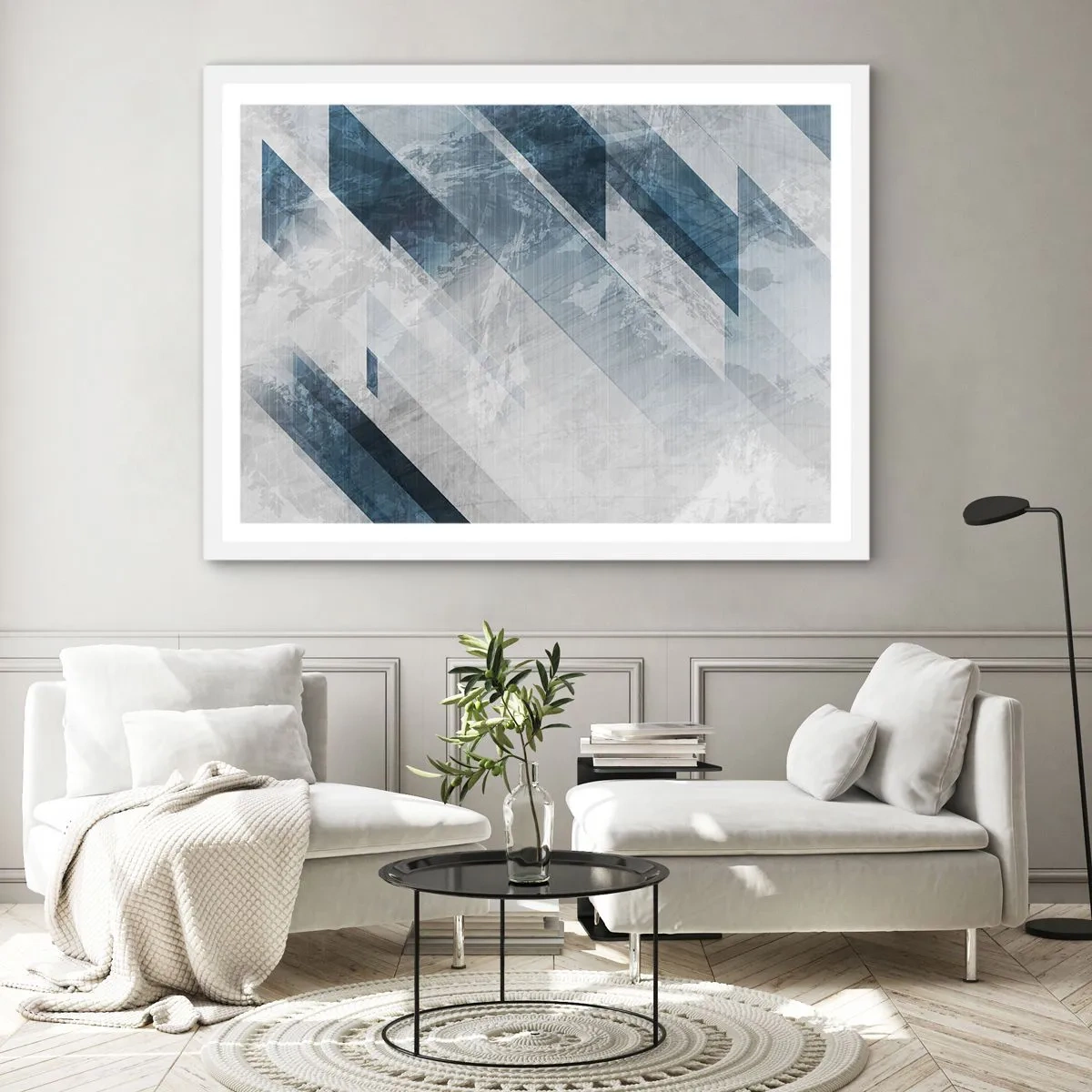 Póster en marco blanco - Composición espacial - movimiento de grises - 91x61 cm