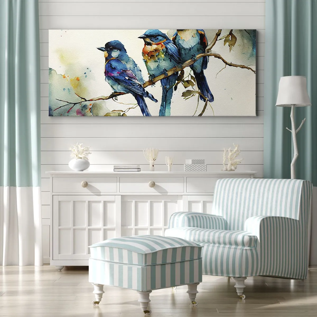 Cuadro sobre lienzo - Impresión de Imagen - Tres pájaros coloridos en una rama en estilo acuarela. - 140x50cm - ¿Ofendido? - Decoración de pared moderna para salón y dormitorio ARTTOR