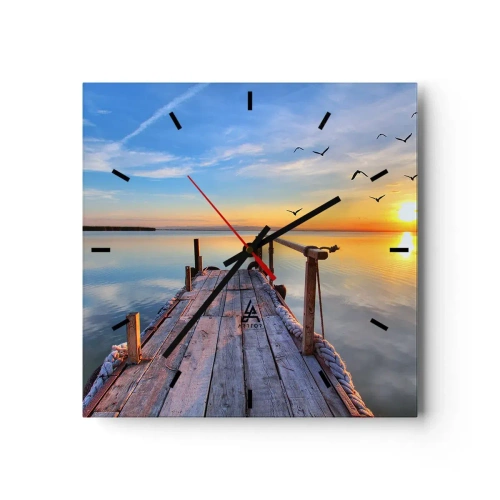 Reloj de pared - Reloj de vidrio - Muelle de madera al atardecer en un lago tranquilo - 30x30cm - Caminando hacia el sol - Decoración de pared moderna para salón y dormitorio ARTTOR