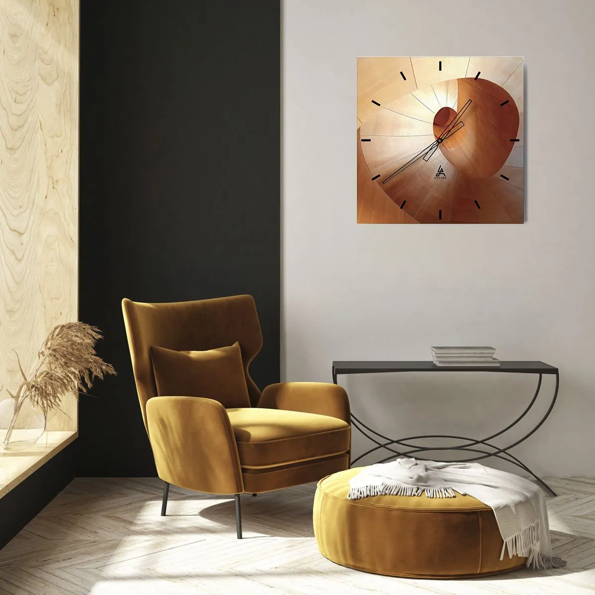 Reloj de pared - Reloj de vidrio - Espiral abstracta en tonos madera y marrón claro. - 30x30cm - Serpentina arquitectónica - Decoración de pared moderna para salón y dormitorio ARTTOR