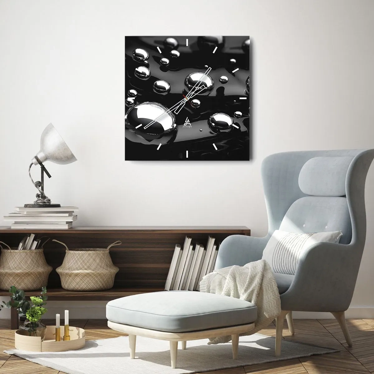 Reloj de pared - Reloj de vidrio - Gotas abstractas sobre una superficie negra - 30x30cm - De las negras profundidades - Decoración de pared moderna para salón y dormitorio ARTTOR