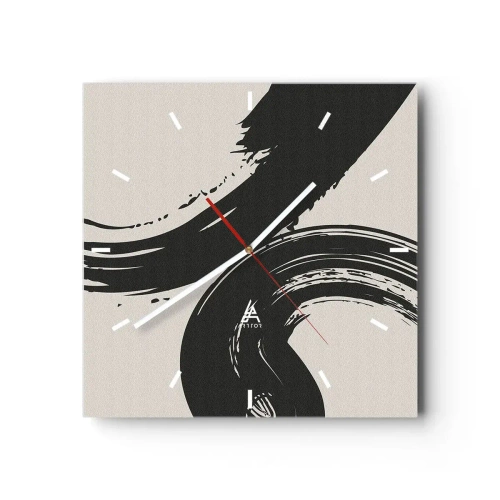Reloj de pared - Reloj de vidrio - Pinceladas dinámicas en negro sobre un fondo claro - 30x30cm - Barrido y circular - Decoración de pared moderna para salón y dormitorio ARTTOR