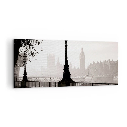 Cuadro sobre lienzo - Impresión de Imagen - Una vista monocromática del Big Ben y el Támesis. - 120x50cm - La mañana de Londres - Decoración de pared moderna para salón y dormitorio ARTTOR