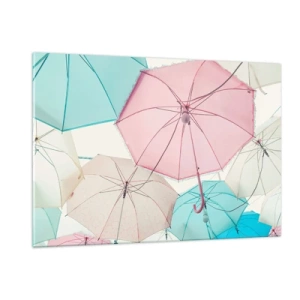 Cuadro sobre vidrio - Impresiones sobre Vidrio - Paraguas de colores flotando en el aire - 120x80cm - A veces el sol, a veces la lluvia - Decoración de pared moderna para salón y dormitorio ARTTOR