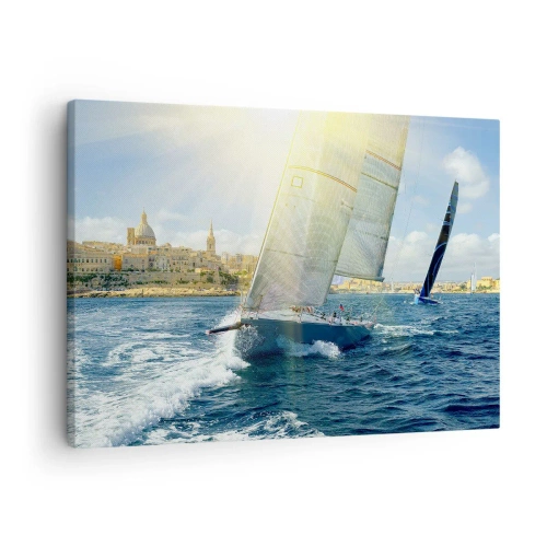 Cuadro sobre lienzo - Impresión de Imagen - Regata con el telón de fondo de una costa soleada - 70x50cm - Hora de abandonar la ciudad - Decoración de pared moderna para salón y dormitorio ARTTOR
