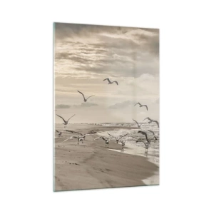 Cuadro sobre vidrio - Impresiones sobre Vidrio - Pájaros en la orilla del mar al amanecer en tonos sepia - 50x70cm - El sonido del mar, el canto de los pájaros - Decoración de pared moderna para salón y dormitorio ARTTOR