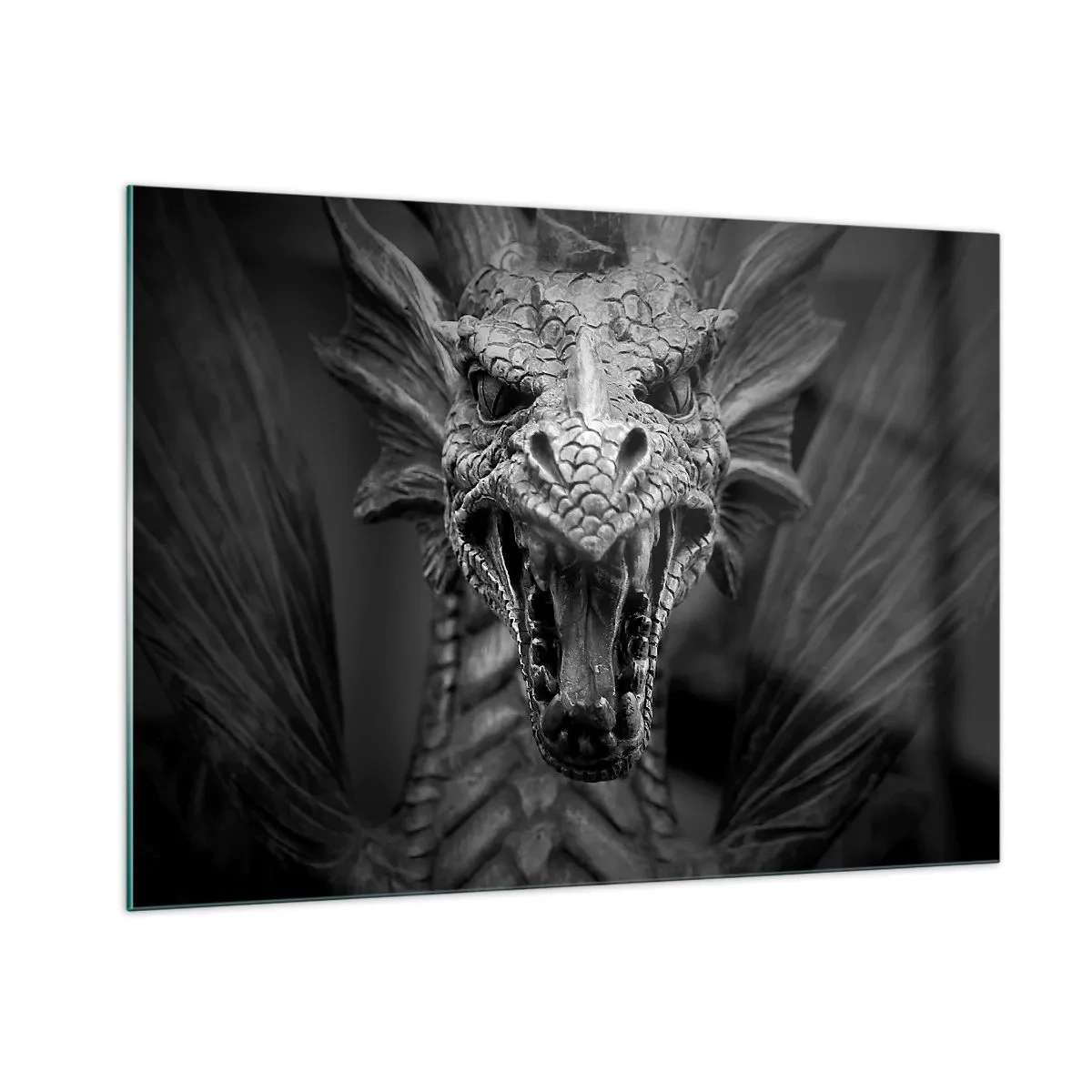 Cuadro sobre vidrio - Impresiones sobre Vidrio - Retrato detallado de un dragón en blanco y negro. - 100x70cm - Dragón de cuento de hadas en gris - Decoración de pared moderna para salón y dormitorio ARTTOR