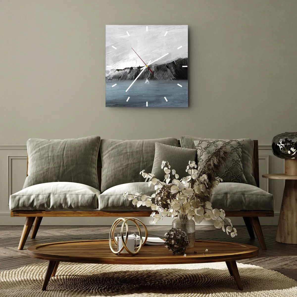 Reloj de pared - Reloj de vidrio - Paisaje abstracto con agua y una orilla rocosa - 30x30cm - Agua - tierra: un choque de elementos - Decoración de pared moderna para salón y dormitorio ARTTOR