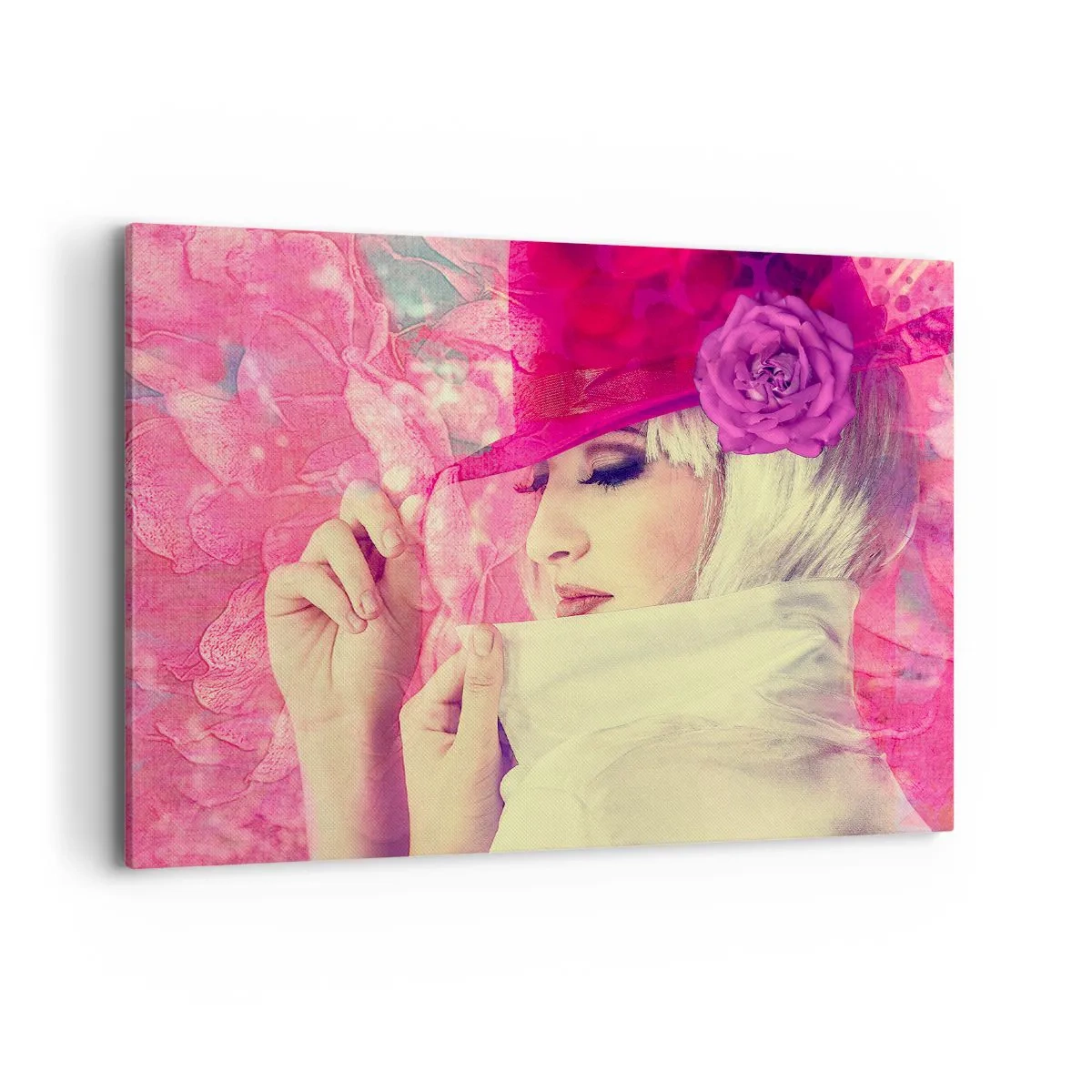 Cuadro sobre lienzo - Impresión de Imagen - Mujer elegante con un sombrero rosa y una flor. - 100x70cm - Retrato retro en rosa - Decoración de pared moderna para salón y dormitorio ARTTOR