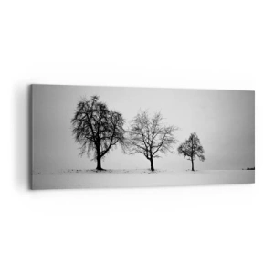 Cuadro sobre lienzo - Impresión de Imagen - Tres árboles en un campo nevado en estilo monocromático. - 120x50cm - ¿Con qué sueñan? - Decoración de pared moderna para salón y dormitorio ARTTOR