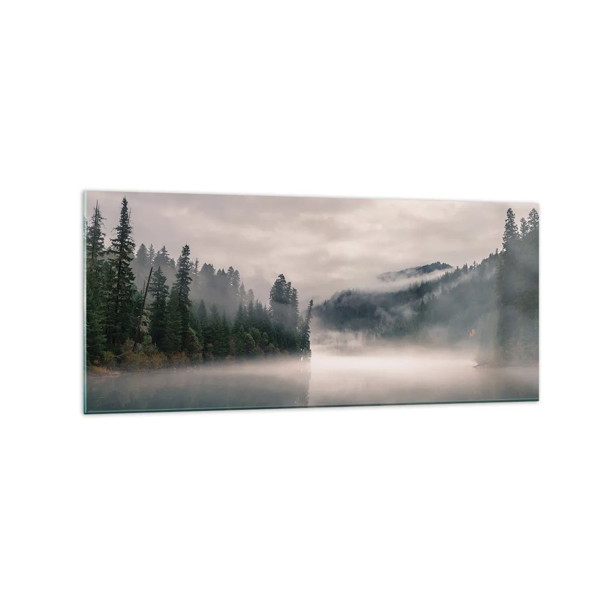 Cuadro sobre vidrio - Impresiones sobre Vidrio - Un bosque brumoso reflejado en un lago tranquilo. - 120x50cm - En el ensueño, en la niebla - Decoración de pared moderna para salón y dormitorio ARTTOR