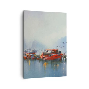 Cuadro sobre lienzo - Impresión de Imagen - Un puerto con barcos rojos rodeado de un paisaje brumoso. - 50x70cm - En el fin del mundo - Decoración de pared moderna para salón y dormitorio ARTTOR