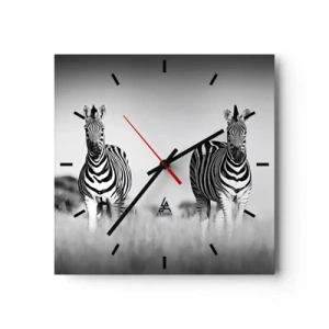 Reloj de pared - Reloj de vidrio - Dos cebras en la sabana en estilo monocromático. - 30x30cm - Resulta que el mundo es blanco y negro - Decoración de pared moderna para salón y dormitorio ARTTOR