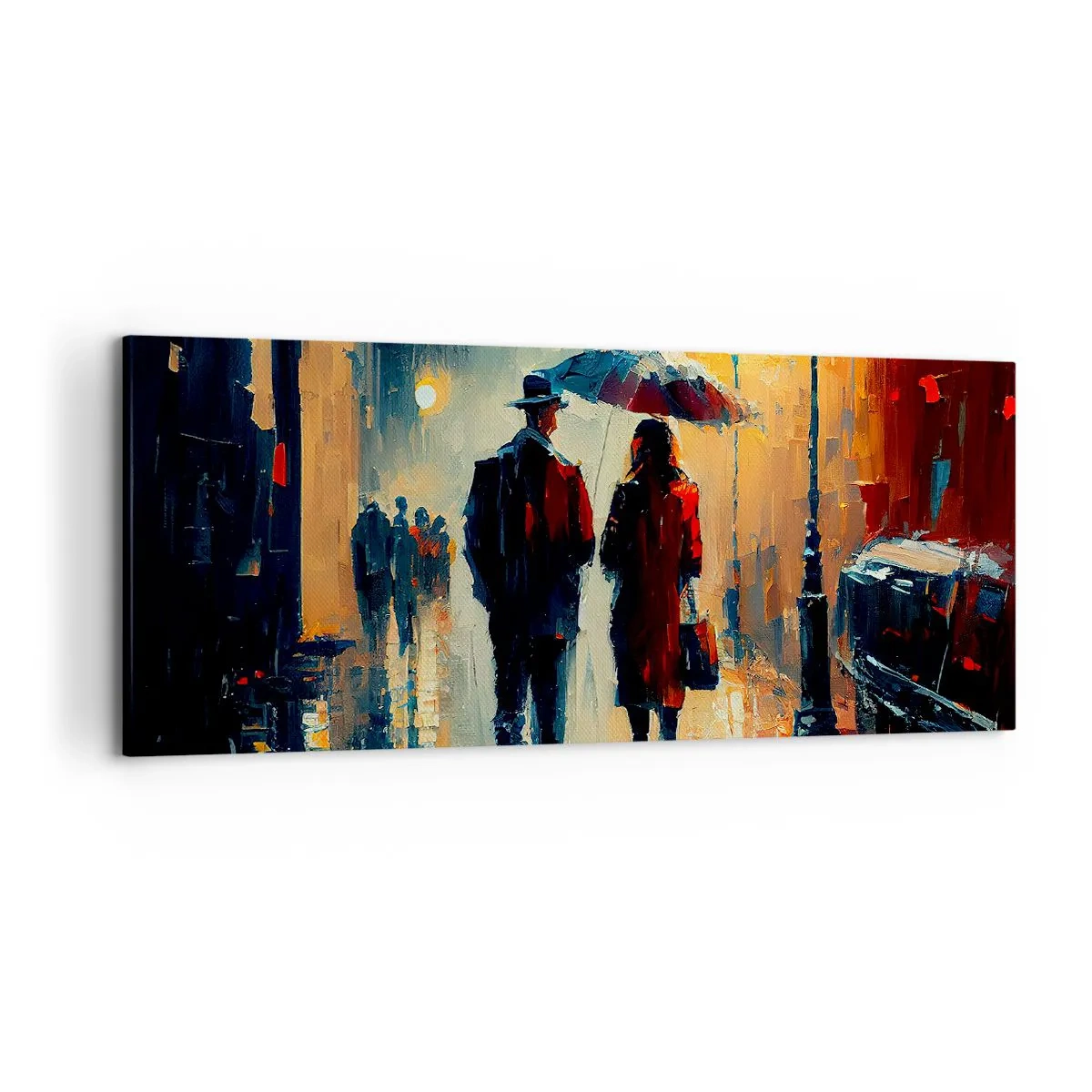 Cuadro sobre lienzo - Impresión de Imagen - Caminando bajo la lluvia bajo un paraguas en la ciudad por la noche. - 120x50cm - Historia de amor urbana - Decoración de pared moderna para salón y dormitorio ARTTOR