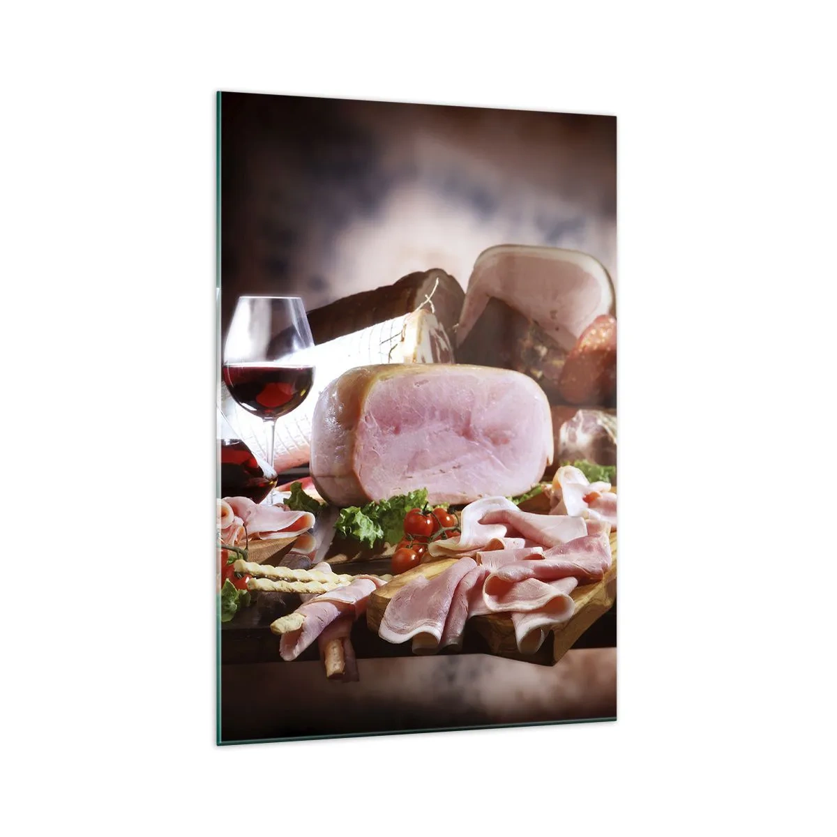 Cuadro sobre vidrio - Impresiones sobre Vidrio - Embutidos con vino sobre fondo rústico - 70x100cm - Un sueño culinario - Decoración de pared moderna para salón y dormitorio ARTTOR