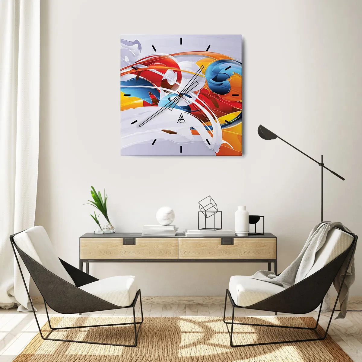 Reloj de pared - Reloj de vidrio - Abstracción colorida con líneas dinámicas y colores vivos. - 30x30cm - Danza de los elementos - Decoración de pared moderna para salón y dormitorio ARTTOR