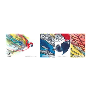 Muestra de fotomural autoadhesivo Deluxe Sticker - Vivir con colorido - Pájaro, Loro, plumas de colores - 100x30 cm
