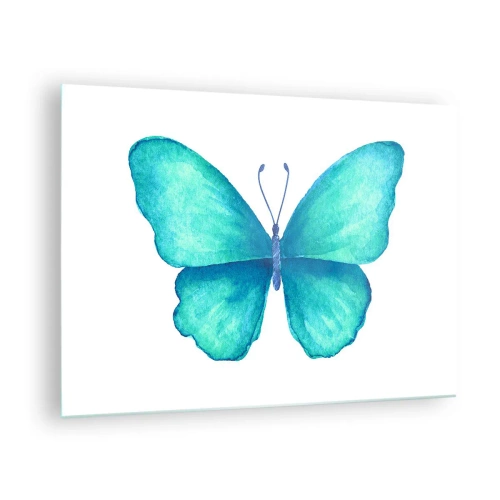 Cuadro sobre vidrio - Impresiones sobre Vidrio - Mariposa azul en estilo acuarela sobre fondo blanco - 70x50cm - Turquesa por naturaleza - Decoración de pared moderna para salón y dormitorio ARTTOR