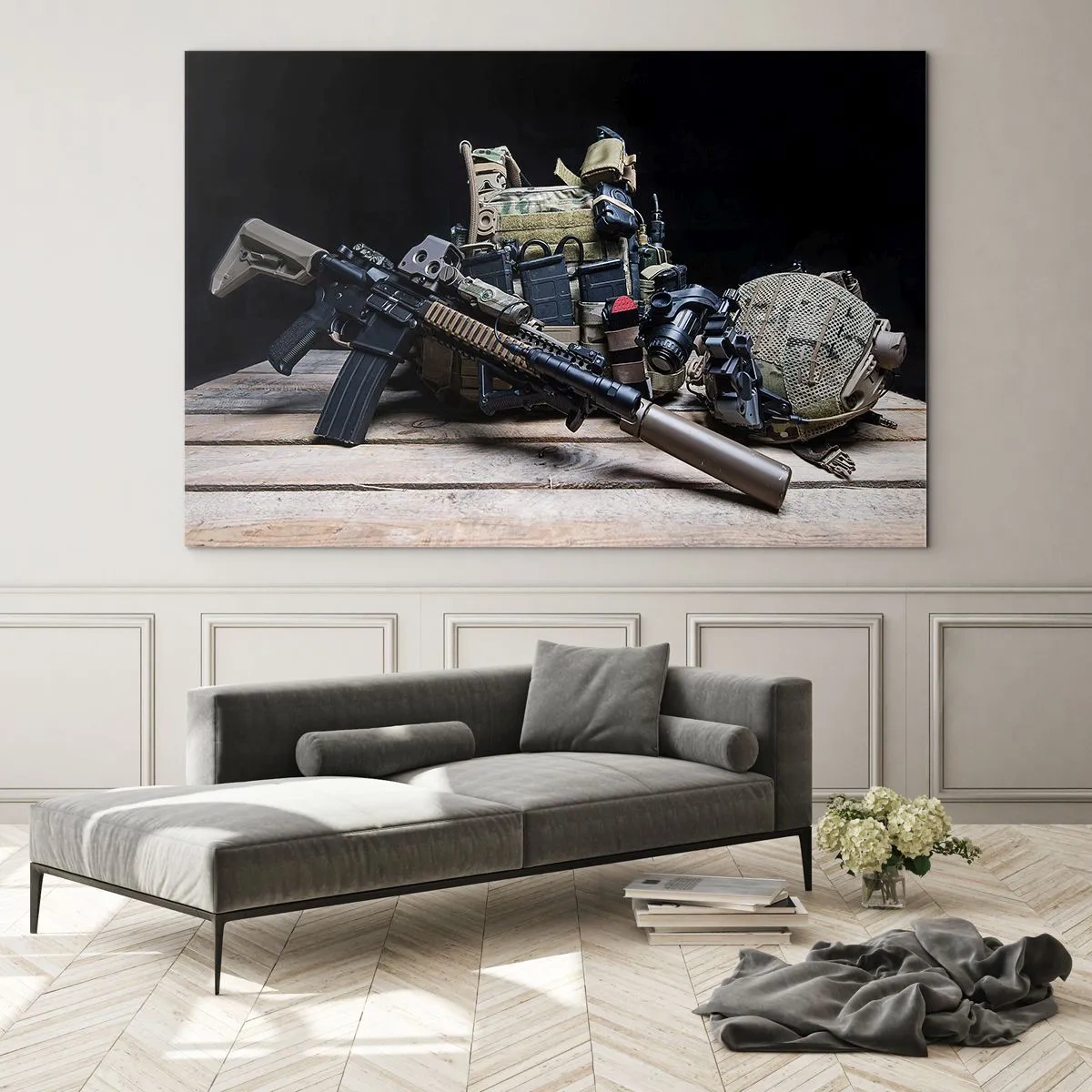 Cuadro sobre vidrio - Impresiones sobre Vidrio - Equipo táctico y armas dispuestas sobre una mesa de madera. - 100x70cm - ¡Descansen! - Decoración de pared moderna para salón y dormitorio ARTTOR