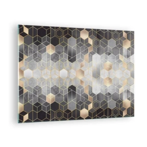 Cuadro sobre vidrio - Impresiones sobre Vidrio - Patrón geométrico de hexágonos en líneas doradas. - 70x50cm - Composición de diamantes - Decoración de pared moderna para salón y dormitorio ARTTOR