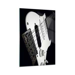 Cuadro sobre vidrio - Impresiones sobre Vidrio - Primer plano de una guitarra eléctrica blanca sobre fondo negro. - 70x100cm - Oculto en blanco está el sonido - Decoración de pared moderna para salón y dormitorio ARTTOR
