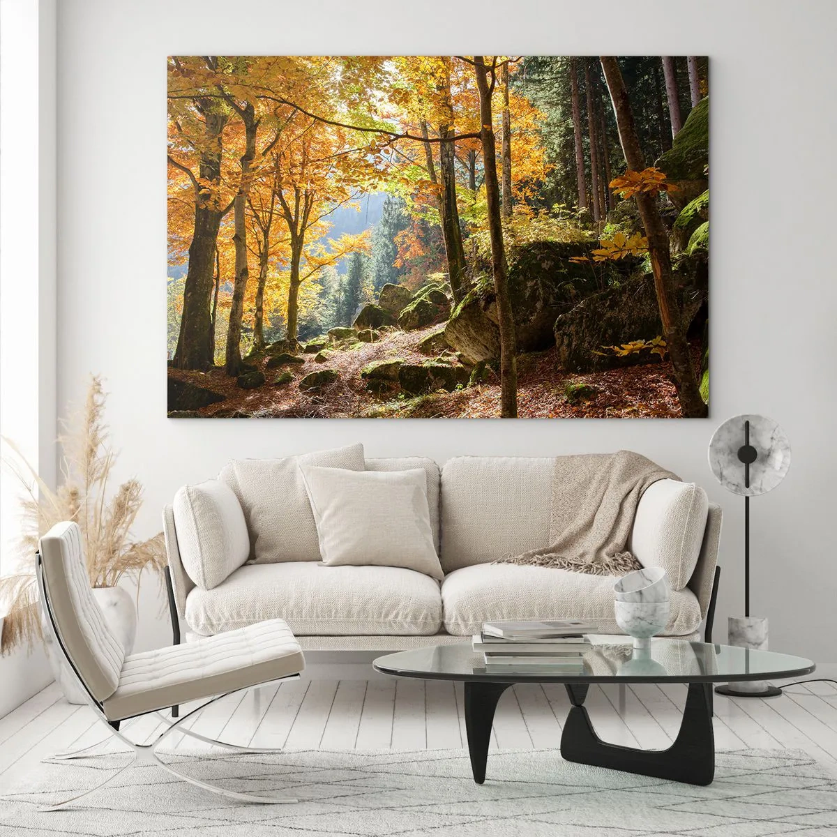 Cuadro sobre vidrio - Impresiones sobre Vidrio - Bosque otoñal con rayos de sol y piedras. - 120x80cm - Tiempo de descanso - Decoración de pared moderna para salón y dormitorio ARTTOR