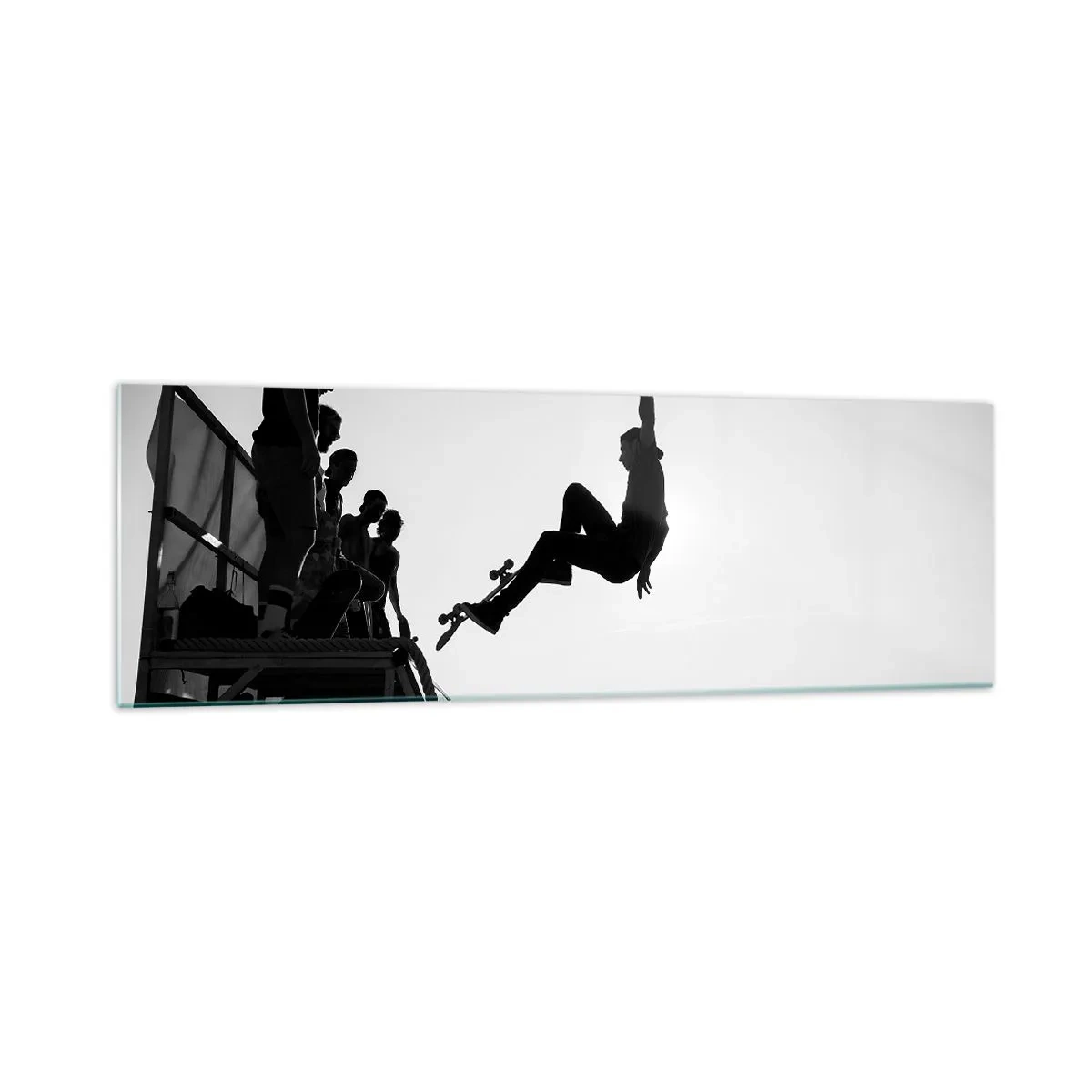 Cuadro sobre vidrio - Impresiones sobre Vidrio - Escena de skate en blanco y negro en una rampa - 160x50cm - Héroes y espectadores - Decoración de pared moderna para salón y dormitorio ARTTOR