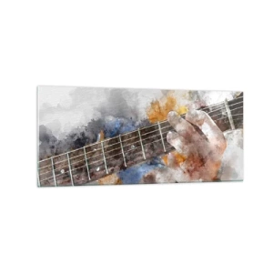 Cuadro sobre vidrio - Impresiones sobre Vidrio - Imagen abstracta de una mano tocando la guitarra. - 120x50cm - Poesía entre las cuerdas - Decoración de pared moderna para salón y dormitorio ARTTOR