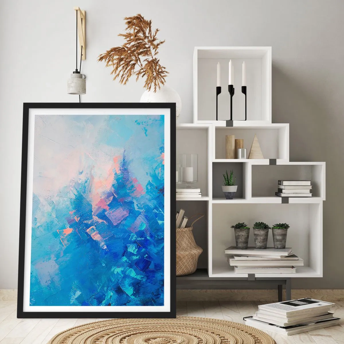 Póster en marco negro - Una composición abstracta en tonos azules y rosas inspirada en un paisaje invernal. - 50x70cm - Abstracción invernal - Decoración de pared moderna para salón y dormitorio ARTTOR