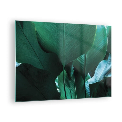 Cuadro sobre vidrio - Impresiones sobre Vidrio - Hojas tropicales en intensos tonos verdes. - 70x50cm - De cara a la luz - Decoración de pared moderna para salón y dormitorio ARTTOR