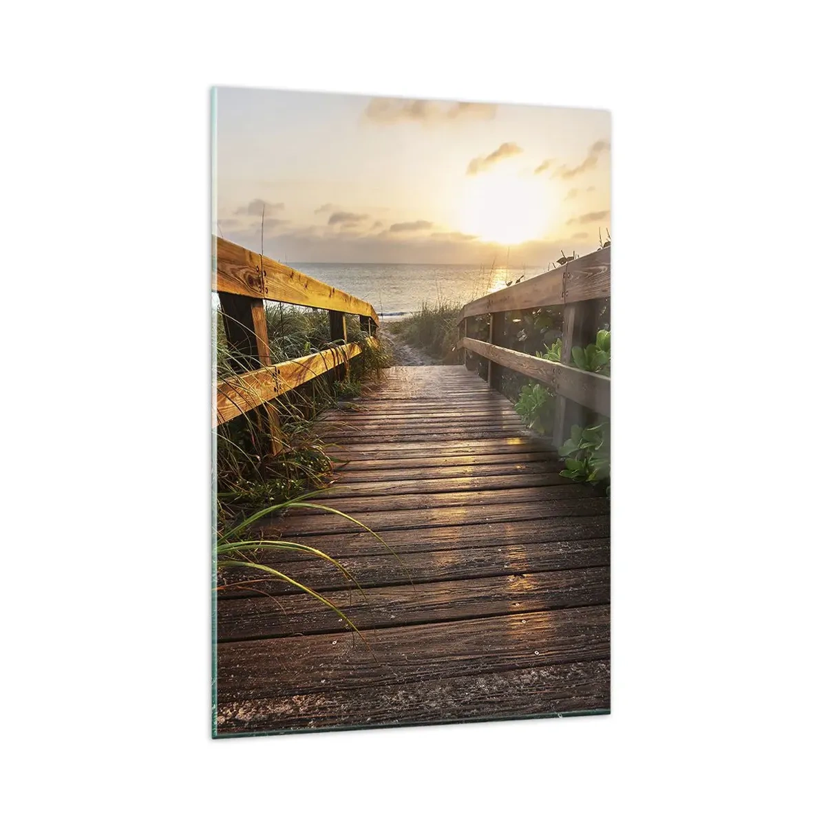 Cuadro sobre vidrio - Impresiones sobre Vidrio - Muelle de madera que conduce a la playa al atardecer - 80x120cm - Y directamente a la orilla - Decoración de pared moderna para salón y dormitorio ARTTOR