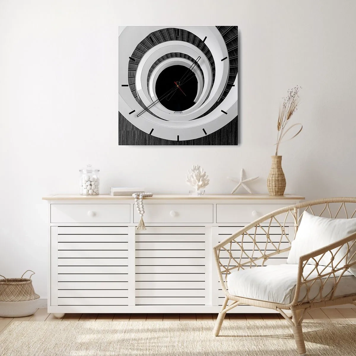 Reloj de pared - Reloj de vidrio - Escalera de caracol en blanco y negro de estilo moderno. - 30x30cm - Hacia el origen - Decoración de pared moderna para salón y dormitorio ARTTOR