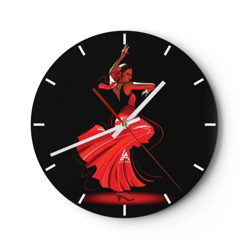Reloj de pared - Reloj de vidrio - Bailaora de flamenco con vestido rojo sobre fondo negro - 30x30cm - El espíritu ardiente del flamenco - Decoración de pared moderna para salón, cocina y dormitorio ARTTOR
