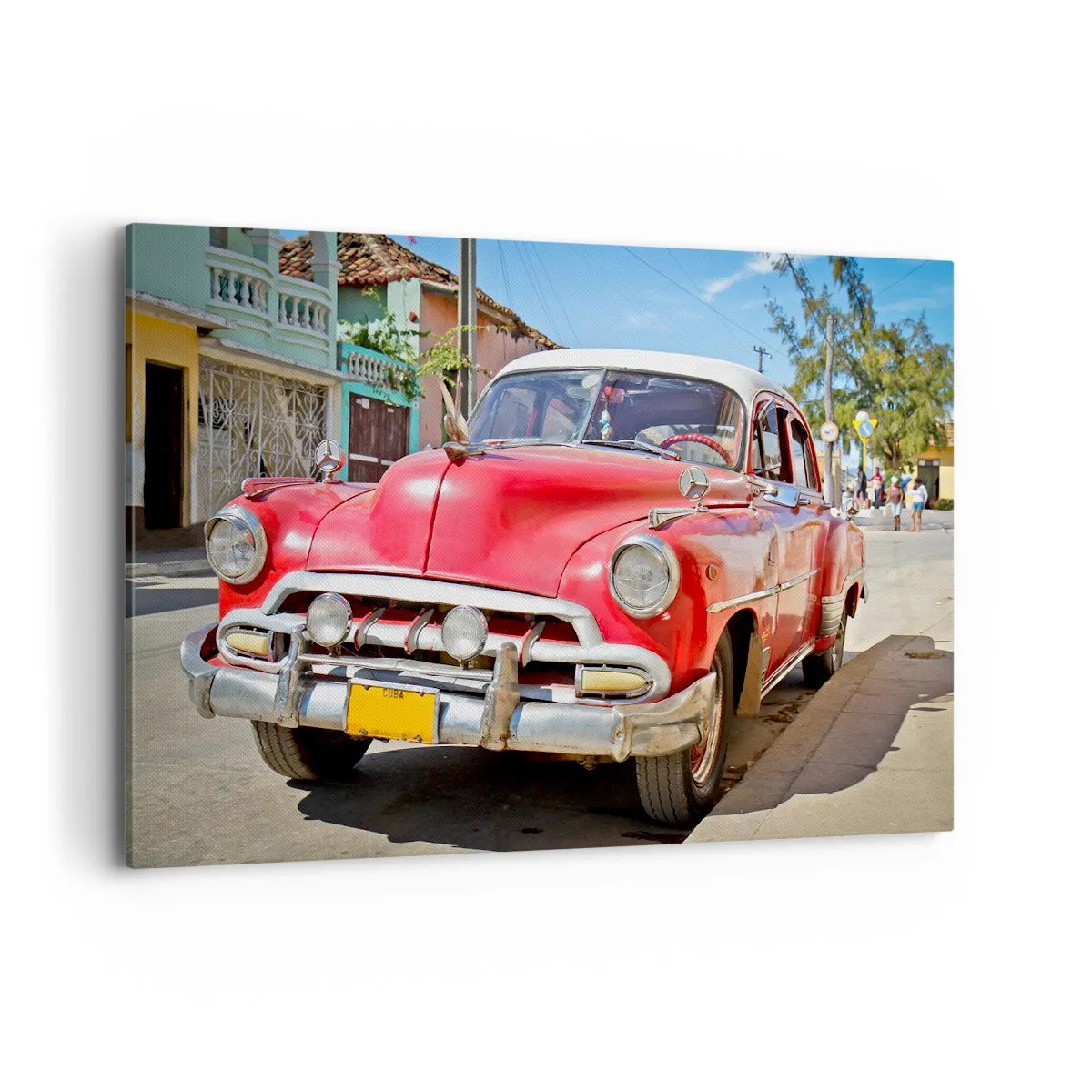 Cuadro sobre lienzo - Impresión de Imagen - Un coche clásico rojo aparcado en la calle en un día soleado. - 120x80cm - Solo en Cuba - Decoración de pared moderna para salón y dormitorio ARTTOR