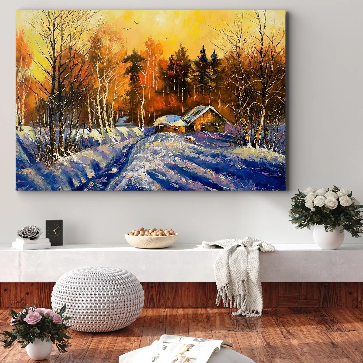 Cuadro sobre lienzo - Impresión de Imagen - Paisaje invernal con una casa a la luz del sol poniente. - 100x70cm - Una impresión invernal al sol - Decoración de pared moderna para salón y dormitorio ARTTOR