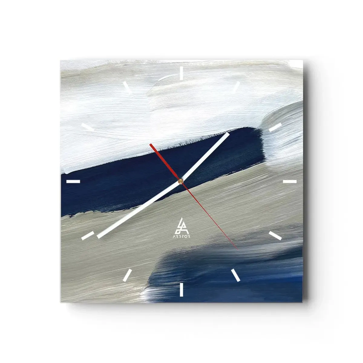 Reloj de pared - Reloj de vidrio - Pinceladas abstractas en tonos azules y grises - 30x30cm - Encuentro con el blanco - Decoración de pared moderna para salón y dormitorio ARTTOR