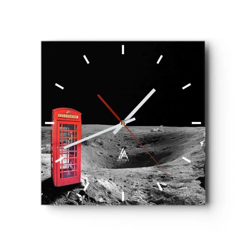 Reloj de pared - Reloj de vidrio - Cabina telefónica roja en la luna - 30x30cm - Una broma cósmica - Decoración de pared moderna para salón y dormitorio ARTTOR