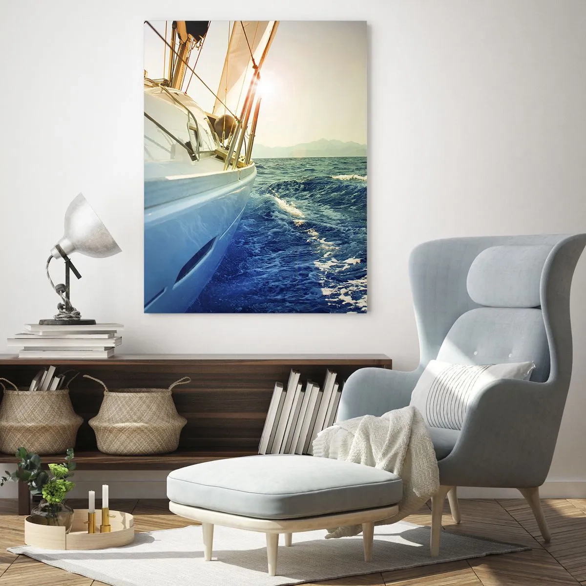 Cuadro sobre vidrio - Impresiones sobre Vidrio - Un yate en mar abierto con vistas a las olas. - 70x100cm - Para una aventura - Decoración de pared moderna para salón y dormitorio ARTTOR