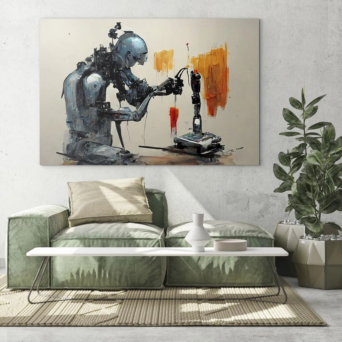 Cuadro sobre vidrio - Impresiones sobre Vidrio - Un robot pintando una mano mecánica sobre un fondo abstracto. - 100x70cm - Próximamente... - Decoración de pared moderna para salón y dormitorio ARTTOR