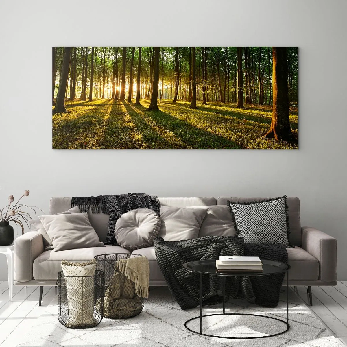 Cuadro sobre vidrio - Impresiones sobre Vidrio - El sol poniente en el bosque caducifolio - 140x50cm - Una fotografía de todos los manantiales - Decoración de pared moderna para salón y dormitorio ARTTOR